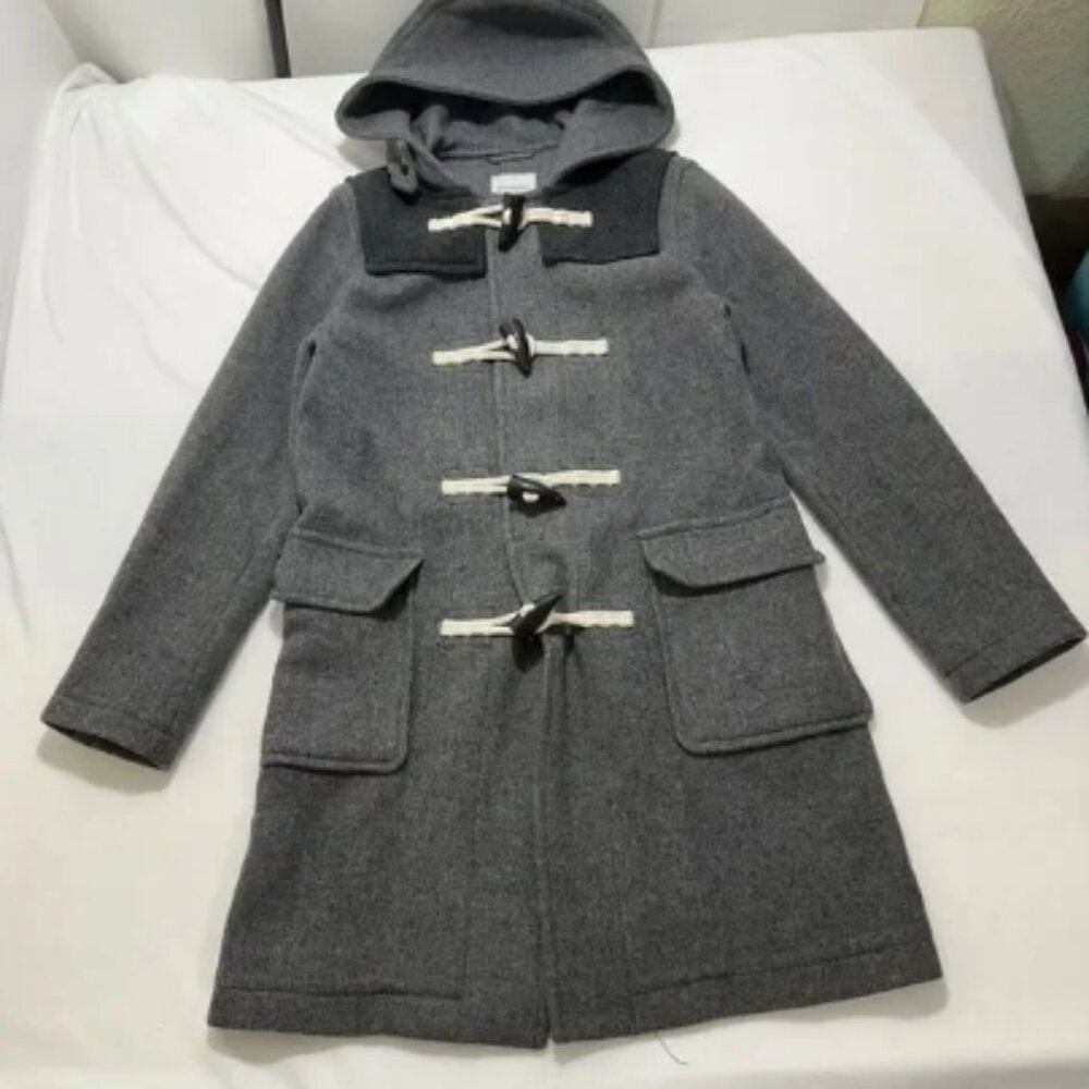 JW Anderson Uniqlo Men's XS Gray Wool Blend Duffle Coat Hood Faux Leather Patch